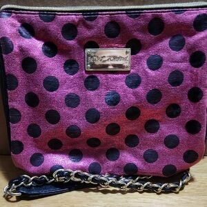 Betsey Johnson Pink and Black Polka Dot Chain-Accent Crossbody